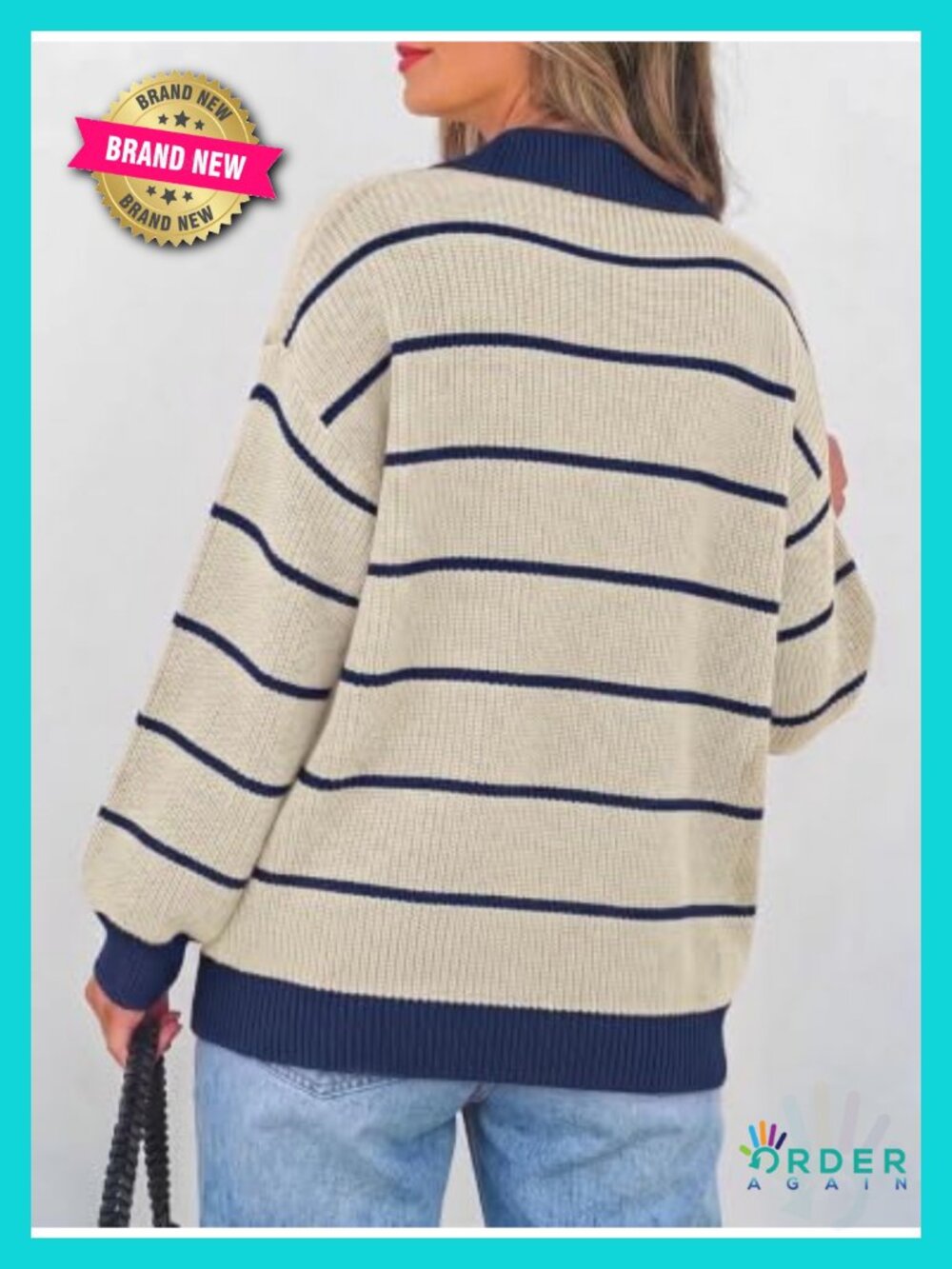 Oversized Striped Collared Sweater Cotton Blend Pullover - Picture 2 of 6